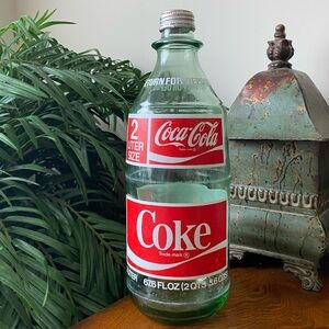 Vintage 1970s Green Glass Coca Cola 2-Liter Coke Bottle with Cap